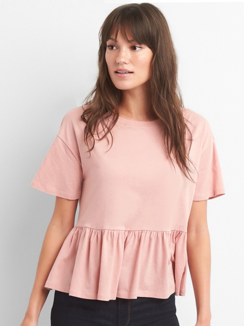 

GAP Women Pink Solid Short Sleeve Ruffle Pure Cotton Top