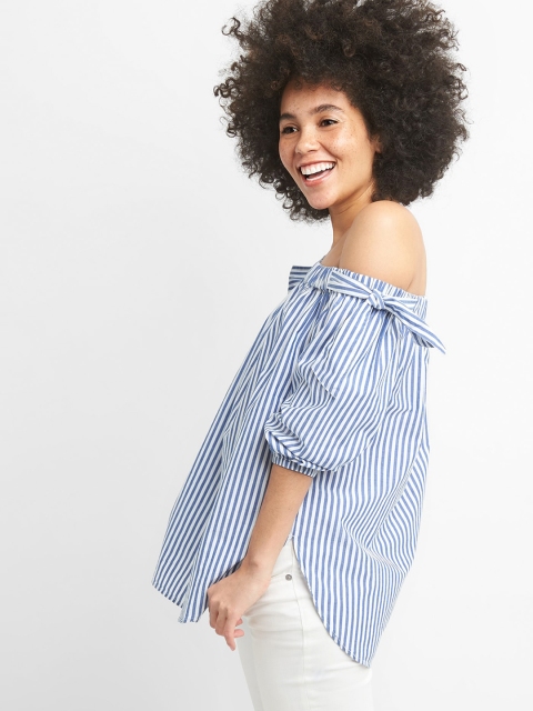 

GAP Women Blue & White Tie Off-Shoulder Top In Poplin