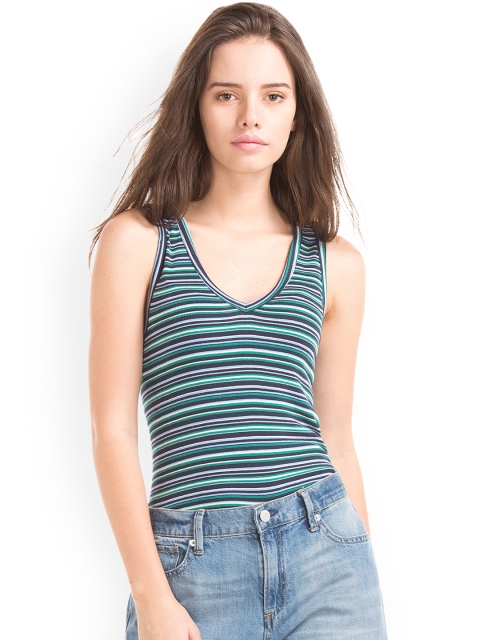 

GAP Women Multicoloured Ribbed V-Neck Stripe Top, Multi