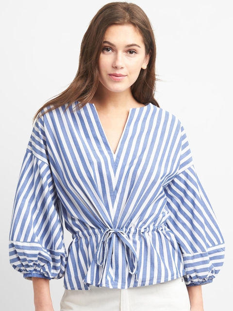 

GAP Women Blue & White Stripe Balloon Sleeve Top With Cinched Waist