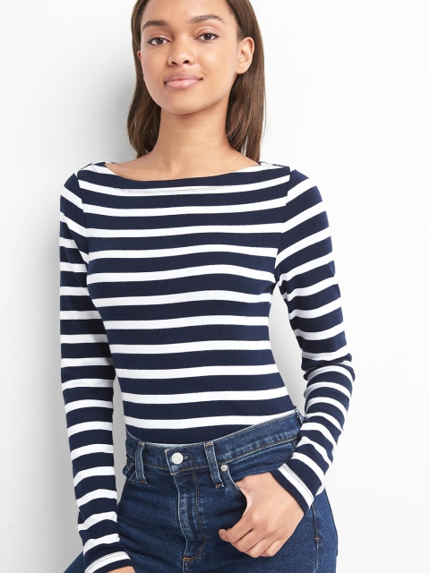 

GAP Women Black & White Stripe Long Sleeve Modern Boatneck Top