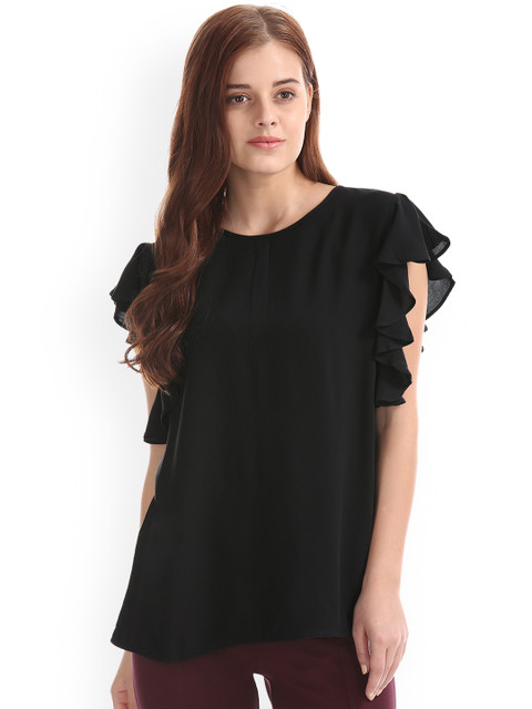 

GAP Women Black Solid Ruffle Sleeve Top