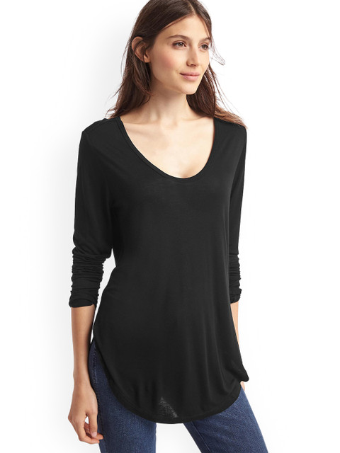 

GAP Women Black Solid Scoop Neck Long Sleeve Top