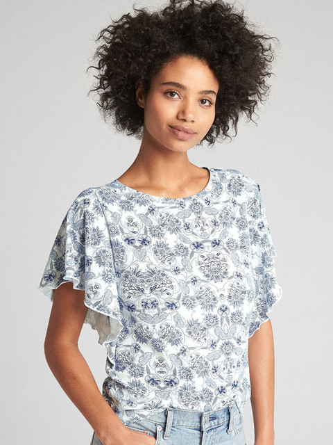 

GAP Women White Vintage Wash Print Flutter Sleeve Top