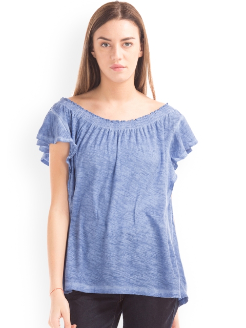 

GAP Women Blue Smocked Flutter Sleeve Top