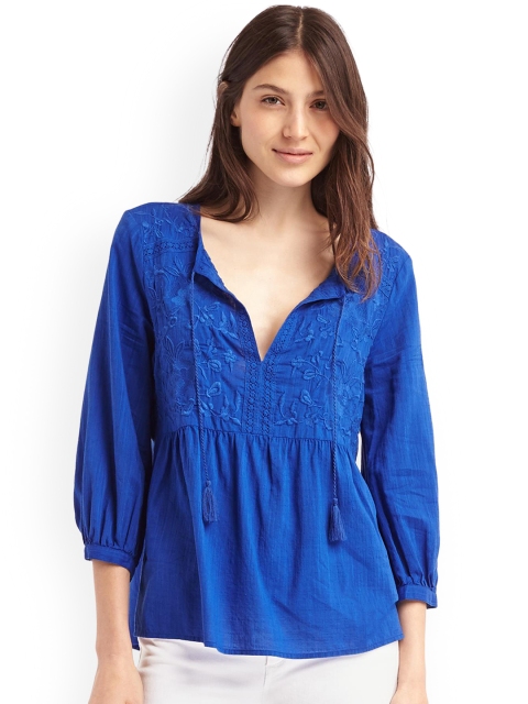 

GAP Women Blue Embroidery Tassel Split Neckline Top