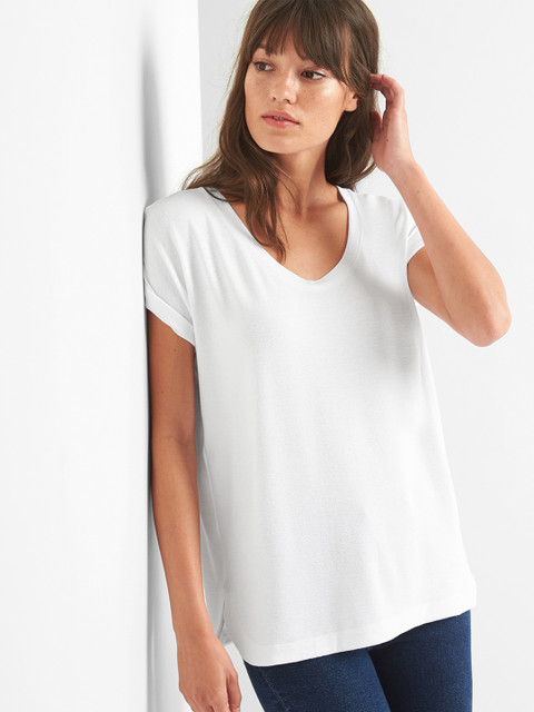 

GAP Women White Softspun Roll Sleeve Top