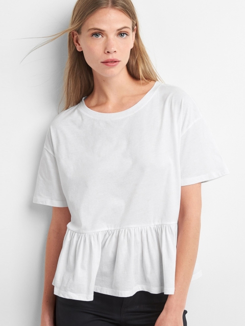 

GAP White Solid Short Sleeve Ruffle Pure Cotton Top