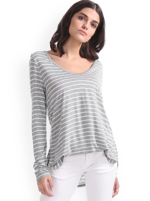 

GAP Women Grey & White Long Sleeve Striped Rayon Top