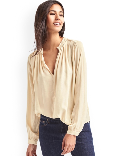 

GAP Women Beige Solid Silky Split Neck Top