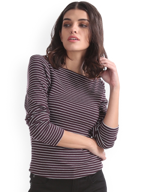 

GAP Women Purple & White Long Sleeve Modal Stripe Boat Neck Top