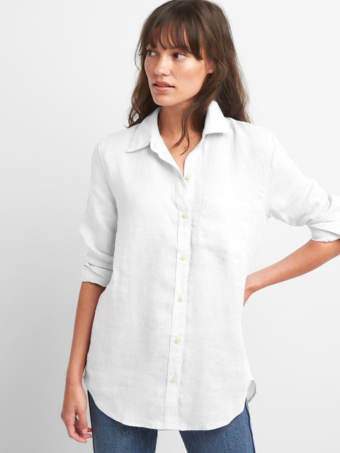 

GAP Women White Solid Oversize Boyfriend Top in Linen