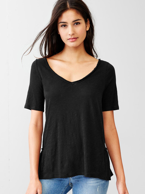 

GAP Women Black Solid Peplum Slub Pure Cotton Top