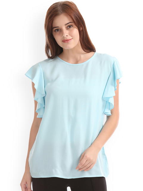 

GAP Women Blue Solid Ruffle Sleeve Top
