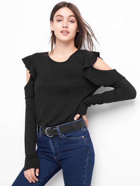 

GAP Women Black Softspun Flutter Cold Shoulder Top