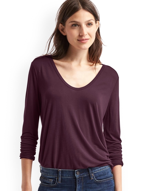 

GAP Women Purple Solid Scoop Neck Long Sleeve Top
