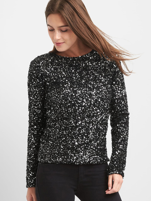 

GAP Women Black Long Sleeve Sequin Top