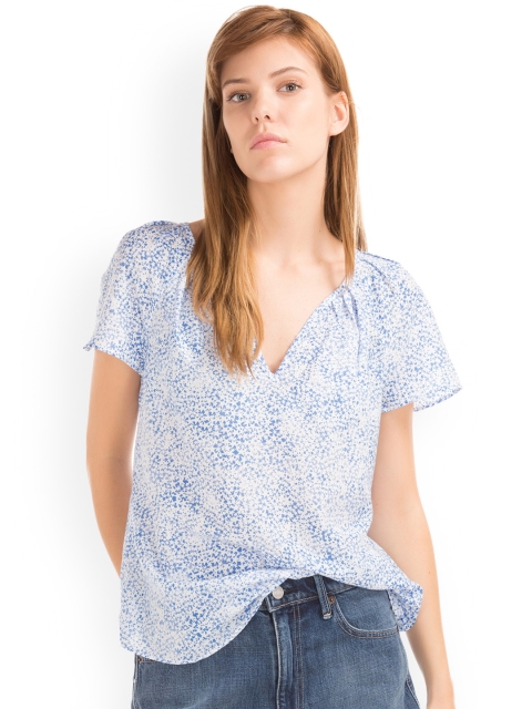 

GAP Women Blue Printed Silky Flounce Top