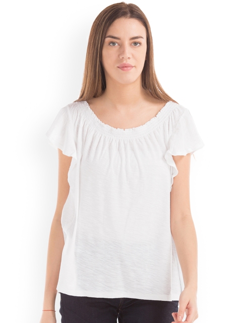 

GAP Women White Smocked Flutter Sleeve Pure Cotton Top