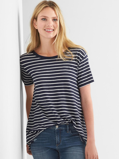

GAP Women Navy Blue & White Stripe Pleat Back Boat Neck Top