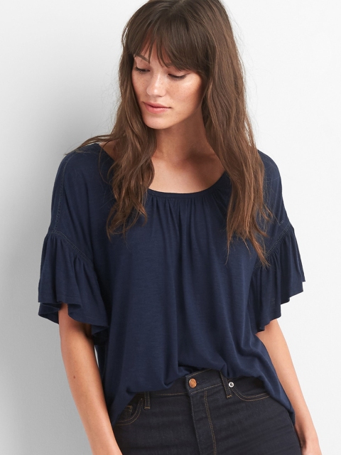 

GAP Women Blue Softspun Slub Ruffle Sleeve Top