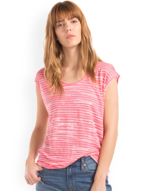 

GAP Women Pink Linen Cap Sleeve Wavy Stripe Top