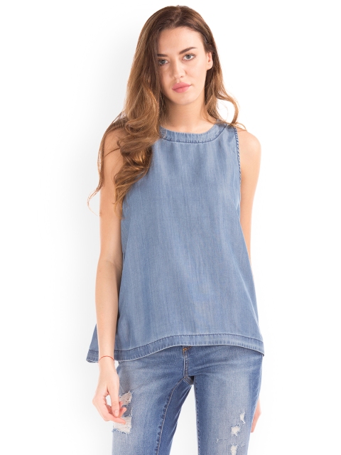 

GAP Women Blue Denim Split-Back Top