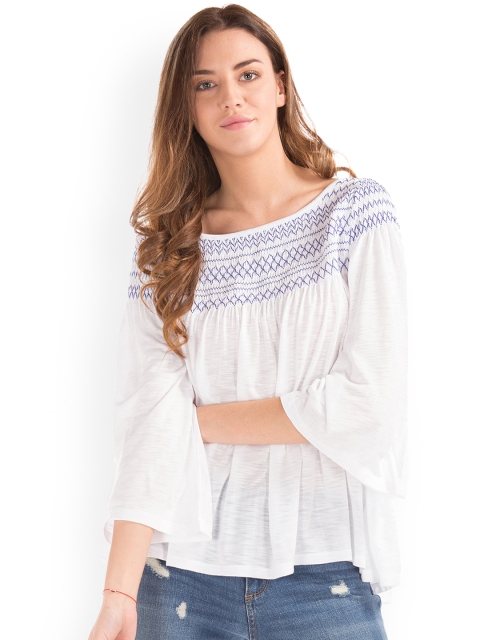 

GAP Women White Smocked Yoke Bell Sleeve Top