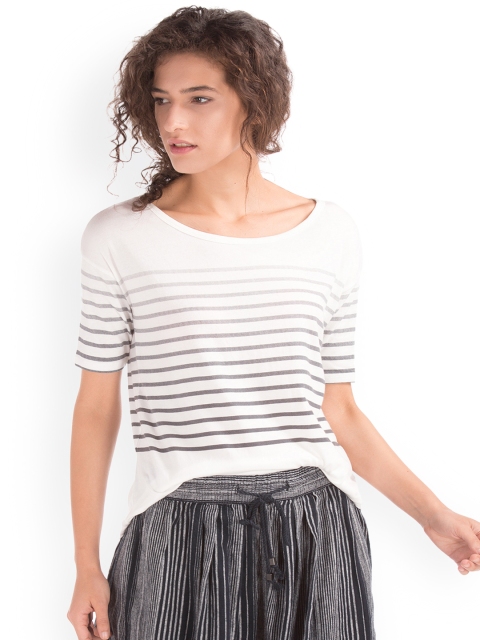 

GAP Women White Stripe Short Drop Sleeve Top