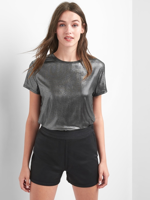 

GAP Women Black Metallic Crew Neck Top