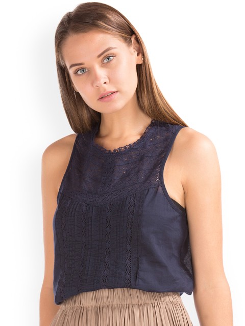 

GAP Women Blue Crochet Pintuck Top