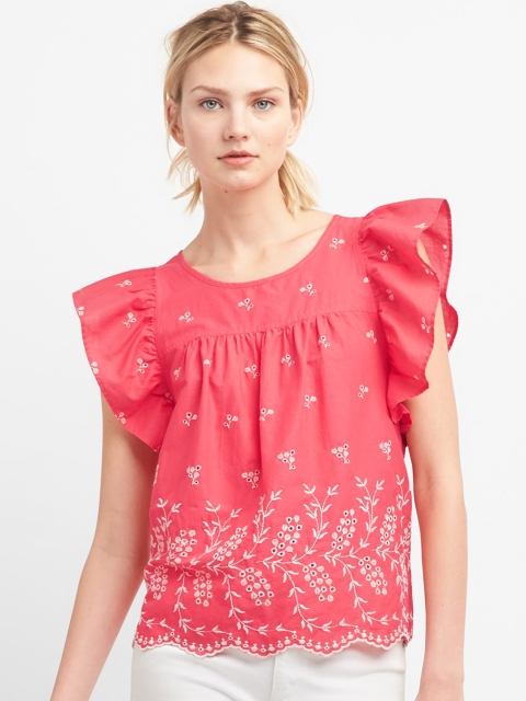 

GAP Women Pink Eyelet Embroidery Flutter Sleeve Pure Cotton Top