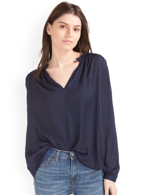 

GAP Women Navy Blue Silky Split Neck Top