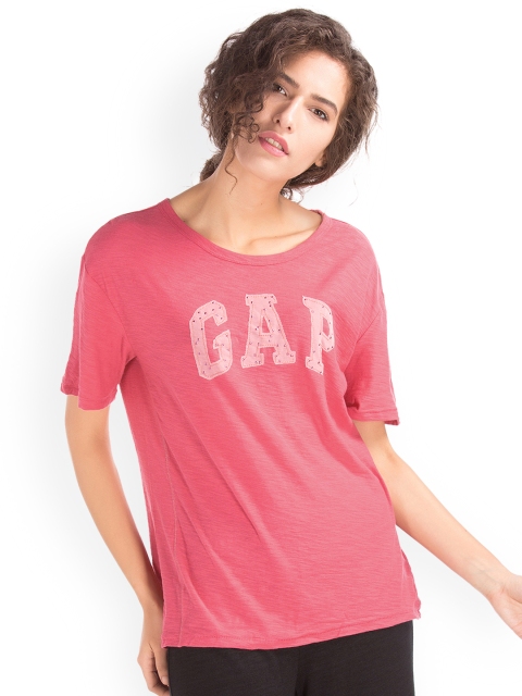 

GAP Women Pink Mesh Applique Logo Pure Cotton Top