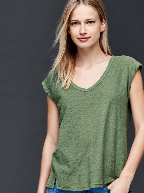 

GAP Women Green Slub Roll Sleeve Top