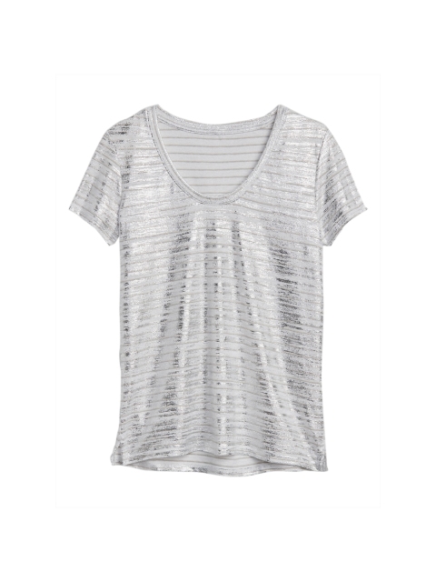 

GAP Women White Stripe Linen Scoop Neck Top