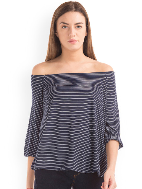 

GAP Women Blue & White Drapey Off-Shoulder Stripe Top