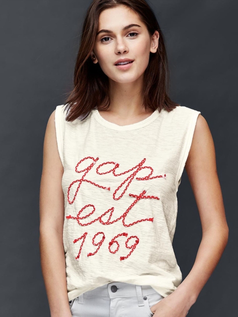 

GAP Women White Braid Logo Muscle Pure Cotton Top
