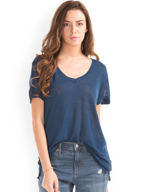 

GAP Women Blue Linen V-Neck Top