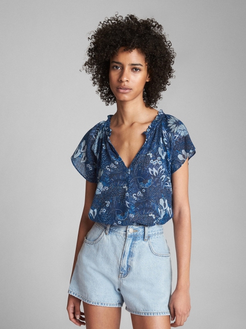 

GAP Blue Print Short Sleeve Split-Neck Pure Cotton Top