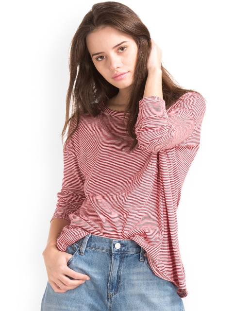 

GAP Women Red & White Boat Neck Stripe Long Sleeve Pure Cotton Top
