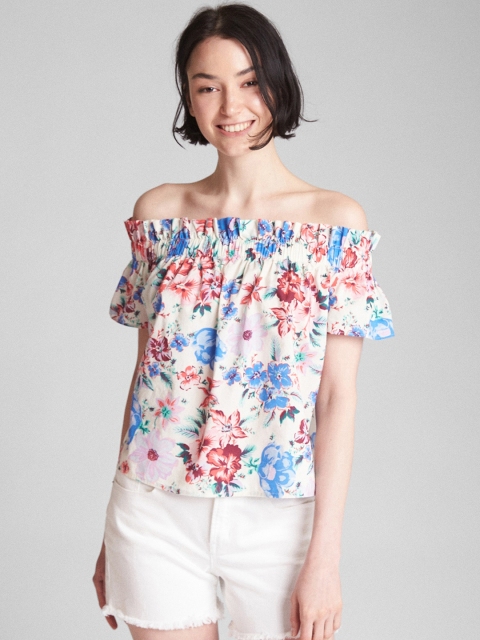 

GAP Women White Printed Short Sleeve Off-Shoulder Top