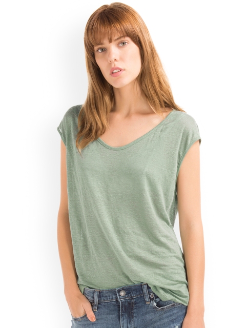 

GAP Women Green Linen Cap Sleeve Top