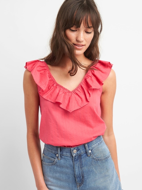 

GAP Women Sleeveless Ruffle V-Neck Pure Cotton Top, Pink