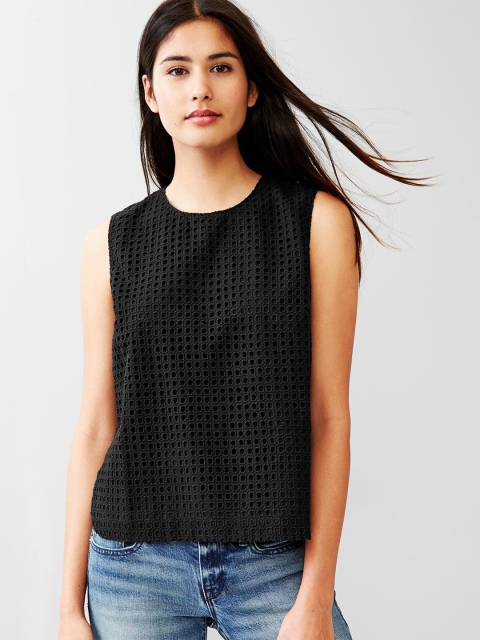

GAP Women Black Eyelet Sleeveless Top