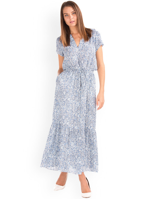 

GAP Women Blue Printed Short Sleeve Maxi Tier Dress