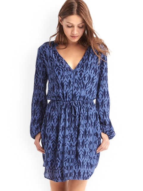 

GAP Women Blue Printed Silky Print Split Neck Dress