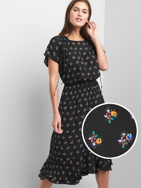 

GAP Women Black Printed Short Sleeve Floral Ruched Dress