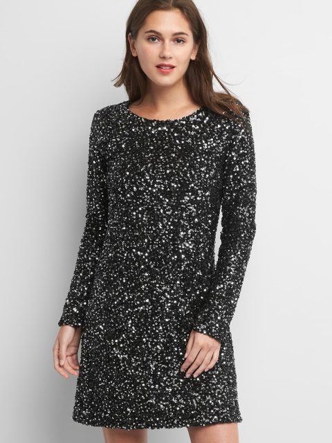 

GAP Women Black Long Sleeve Sequin Swing Dress