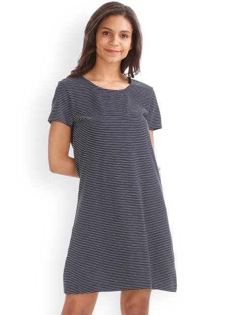 

GAP Women Blue Striped Twist Back Slub Dress